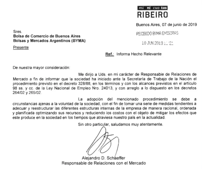 Ribeiro solicitó el procedimiento preventivo de crisis